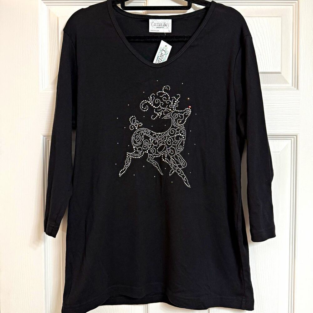 Y2K Cactus Bay Women’s L Black V-Neck Christmas Tunic Rhinestone Reindeer